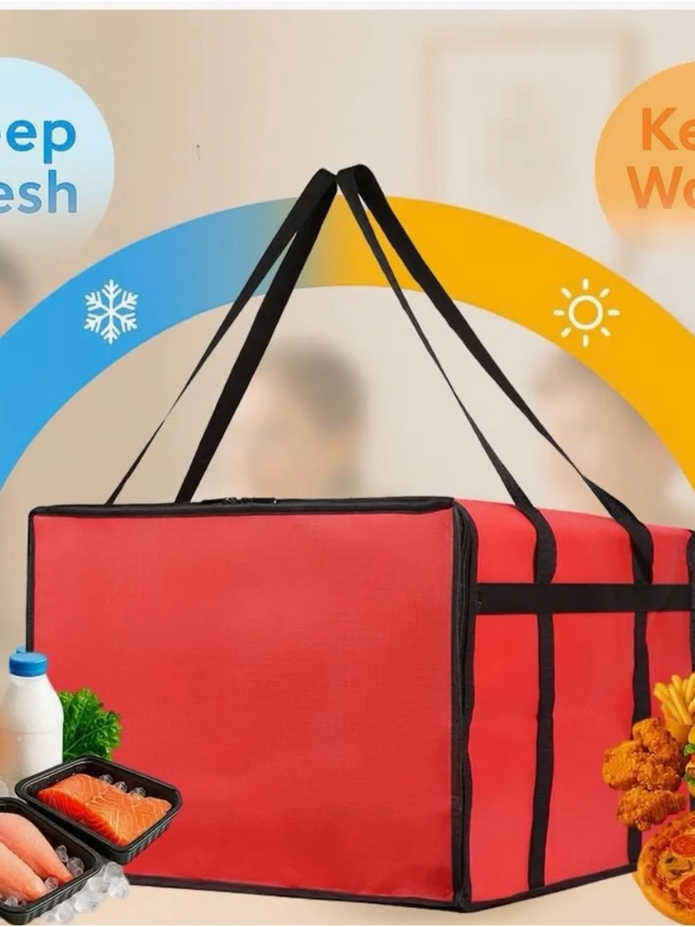 Large Red Insulated Delivery Tote Bag with Black Trim